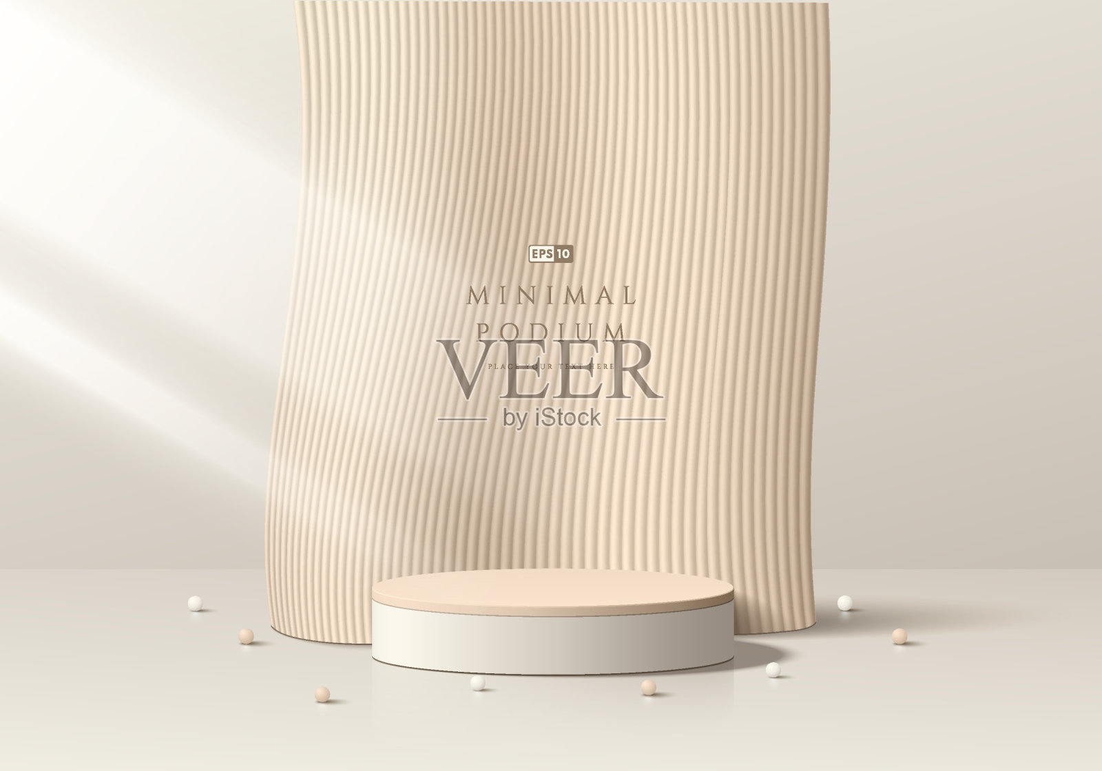 3D米色圆形产品平台背景与垂直图案曲线背景。极简设计中的抽象构图。工作室展示陈列室产品台座,时装舞台展示样机场景。插画图片素材