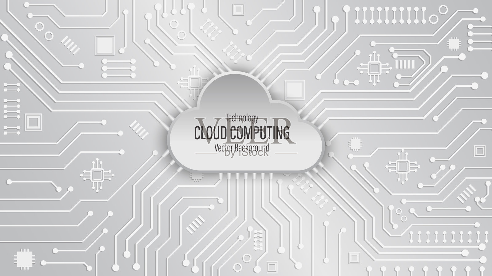 电路板上的云计算技术。黑白抽象背景。云连接技术背景。云服务和存储概念。矢量插图。插画图片素材