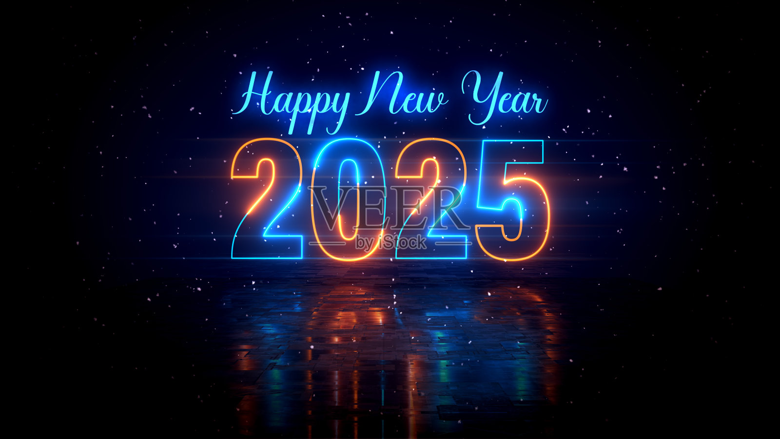 未来的蓝橙发光霓虹灯2025年新年快乐字母与地板反射在飘落的雪在黑暗的背景插画图片素材