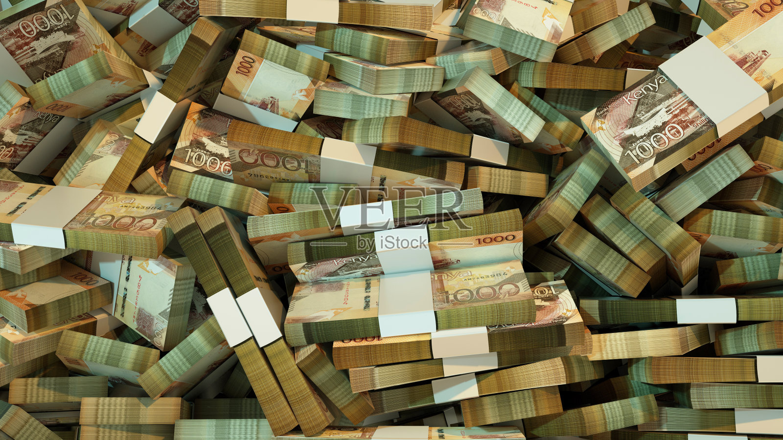 肯尼亚先令钞票摊在桌子上的特写。3d渲染的钱分散在表面上照片摄影图片