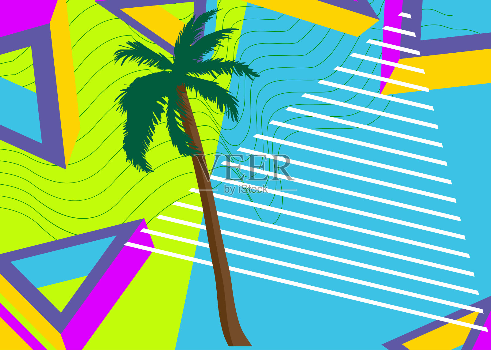 棕榈树几何图形复古主题背景。最小几何元素。复古抽象形状矢量插图。插画图片素材