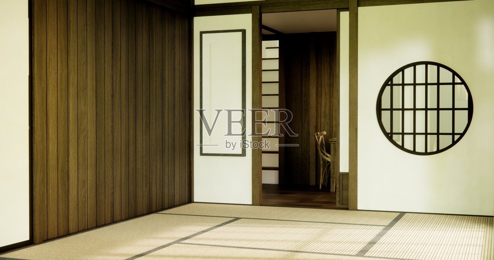 日式房间设计室内采用日式门纸和榻榻米地板。照片摄影图片