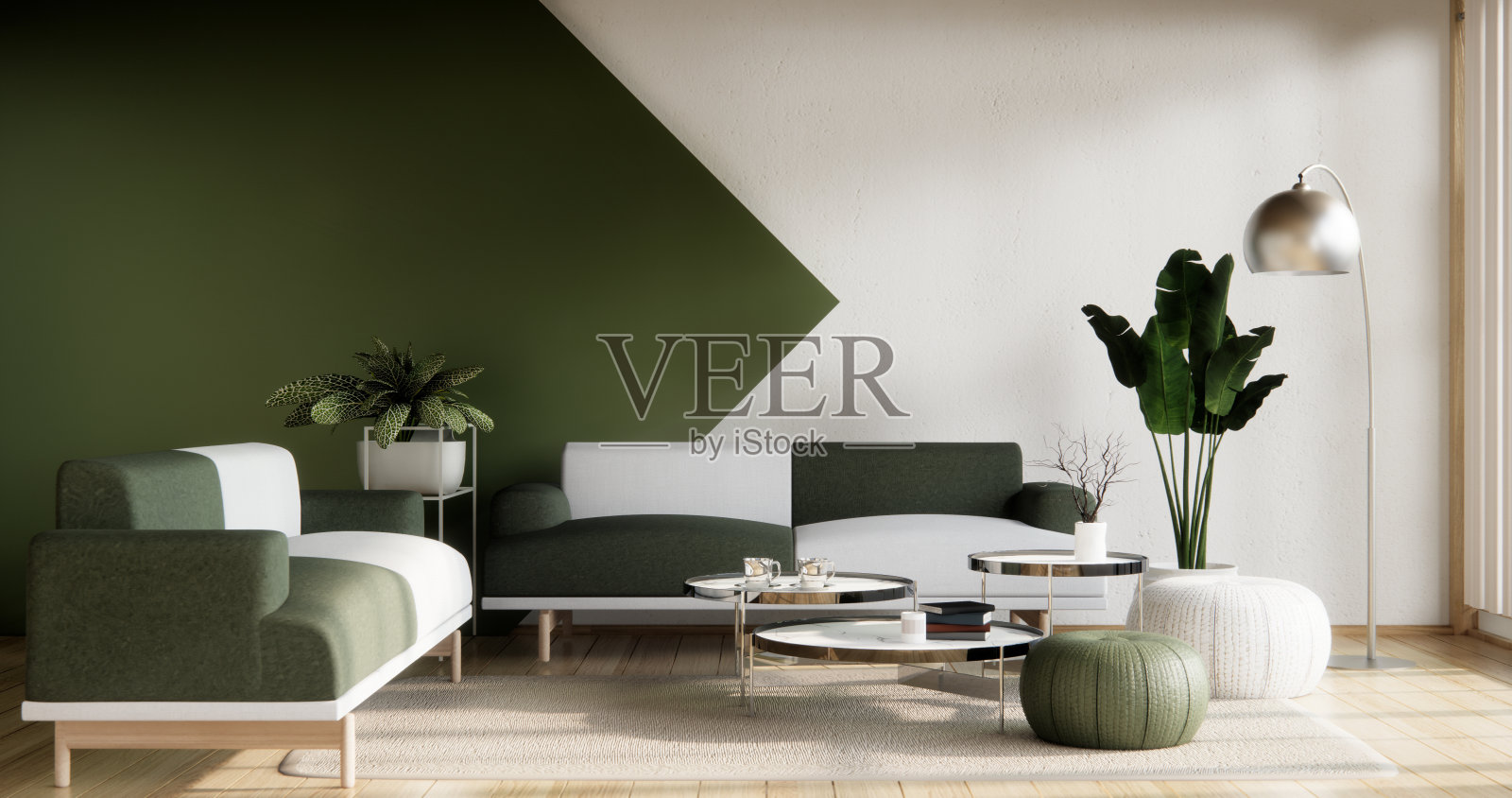 极简的绿色客厅室内设计有沙发和现代装饰。照片摄影图片