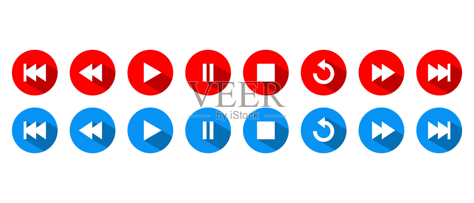 播放,暂停,停止,重复,上一个和下一个图标长阴影。媒体播放器控制按钮插画图片素材