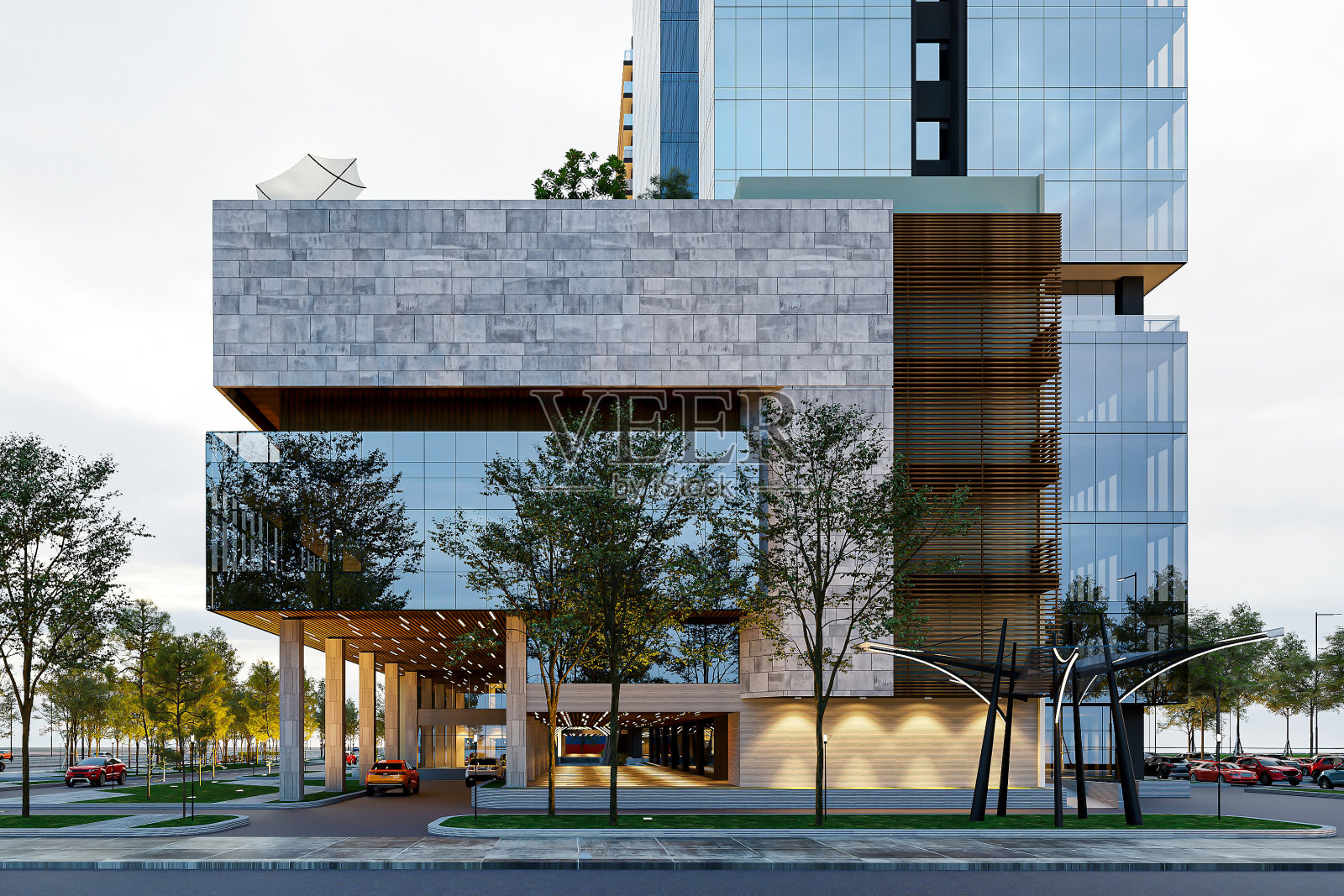 现代办公大楼外立面采用玻璃和石材,城市街景照片摄影图片