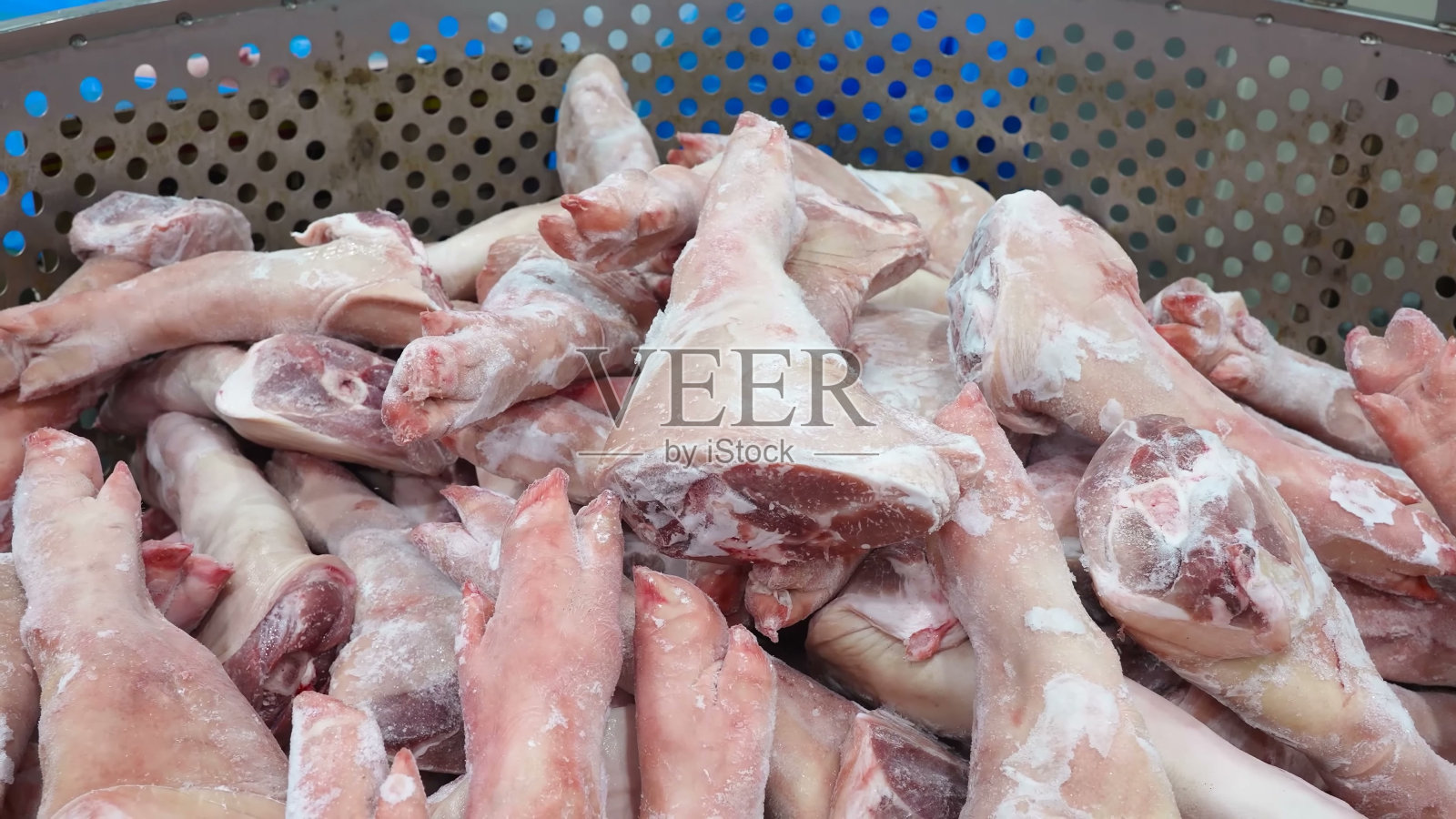 冷冻猪腿准备在工业厨房解冻照片摄影图片