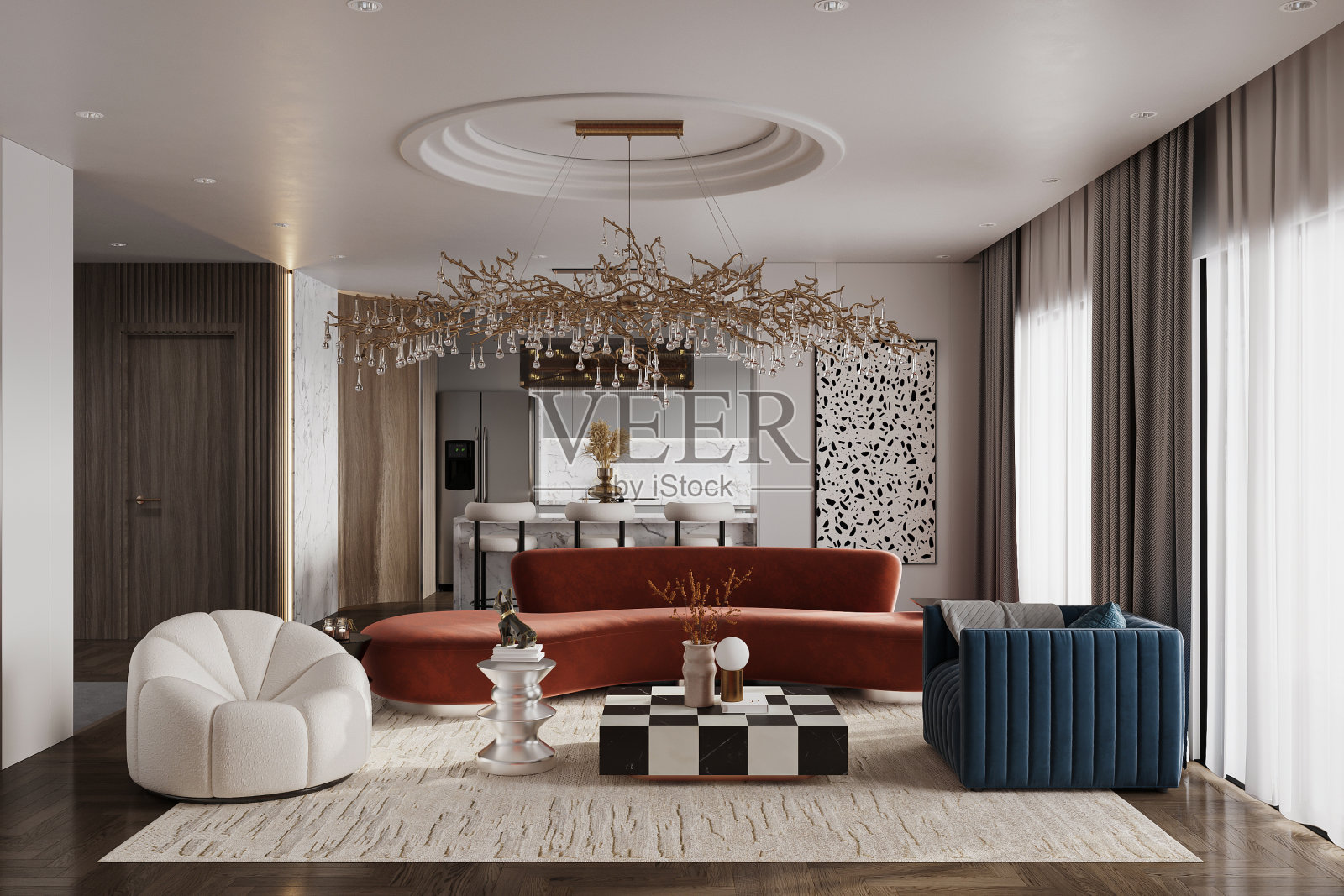华丽的室内设计与现代家具的客厅照片摄影图片