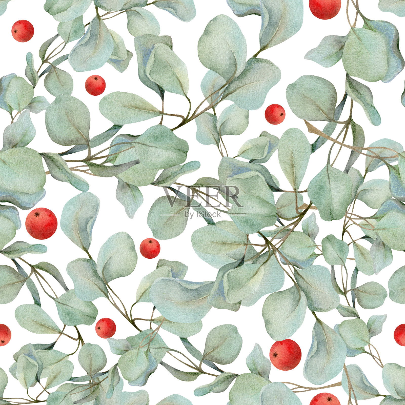 桉树月桂枝,叶带红色浆果。水彩手绘插图,无缝图案隔离在白色。圣诞快乐,新年喜庆,新年新气象。印刷纸、纺织品、织物插画图片素材