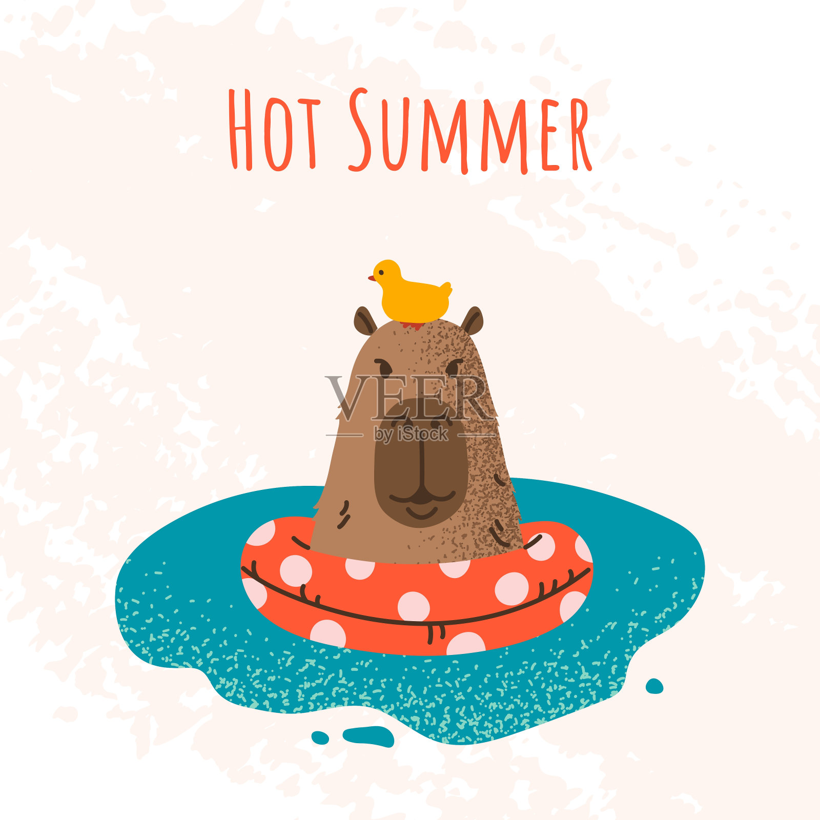 夏日方卡。水豚和一只鸭子在一个充气圈里游泳,并写着“炎热的夏天”。可爱的插图与grunge纹理效果。用于印刷,社交媒体,海报,封面,庆典。插画图片素材