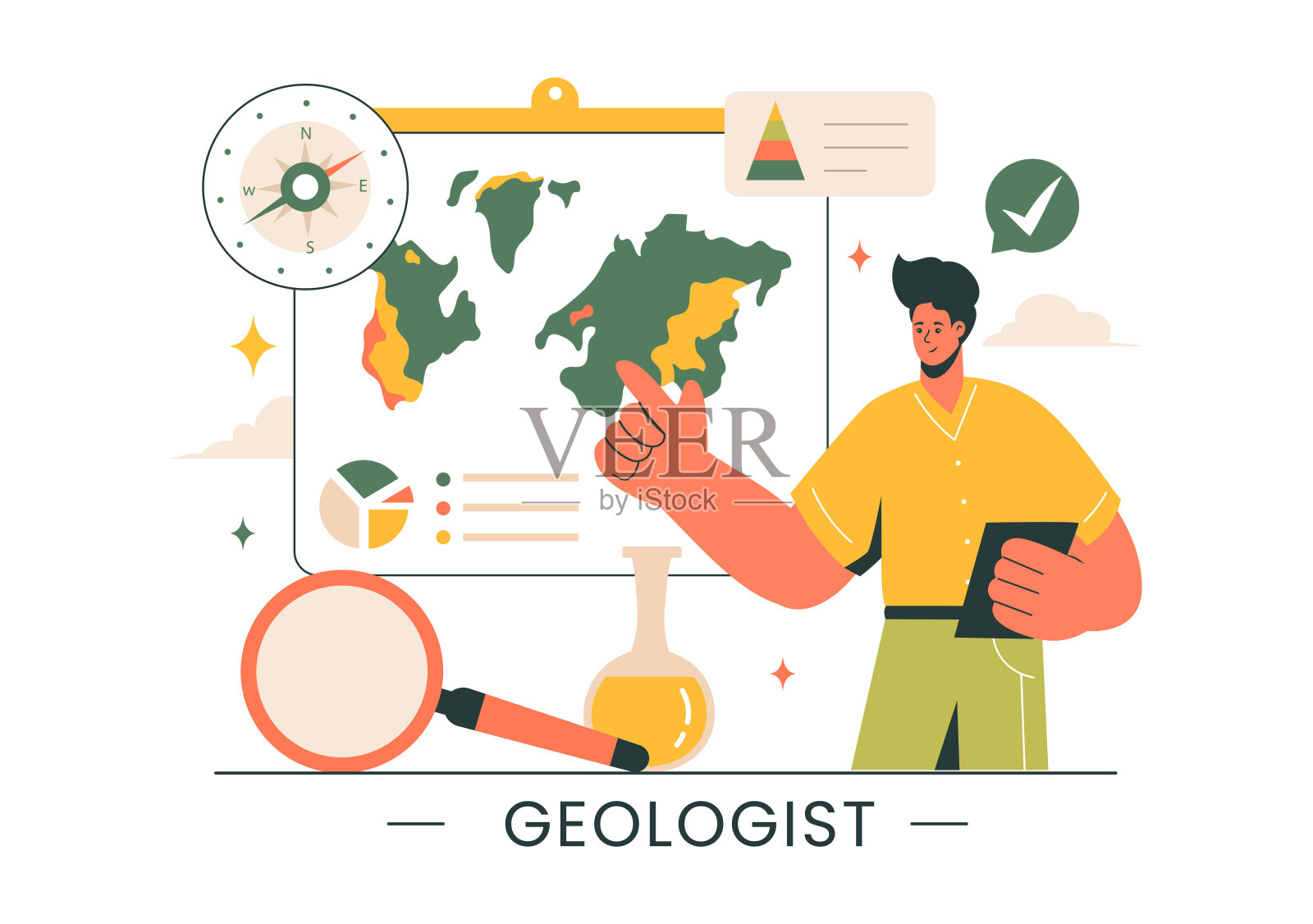 地质学家矢量插图与土壤分析和地球的特征为科学,研究或探险在平面卡通手绘背景插画图片素材