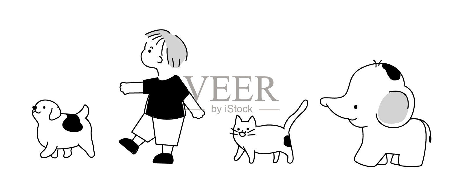 可爱的男孩与狗,猫和大象矢量插图散步插画图片素材