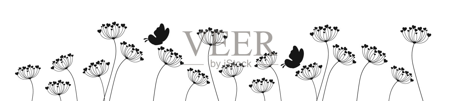 美丽的蒲公英花带着飞舞的蝴蝶插画图片素材