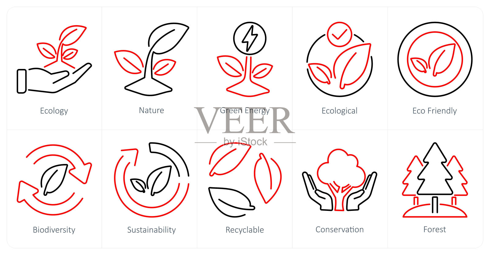 一套生态、自然、绿色能源等10个生态图标插画图片素材