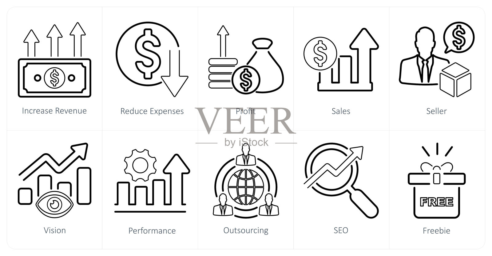 一套10个增加销售图标作为增加收入,减少费用,利润插画图片素材