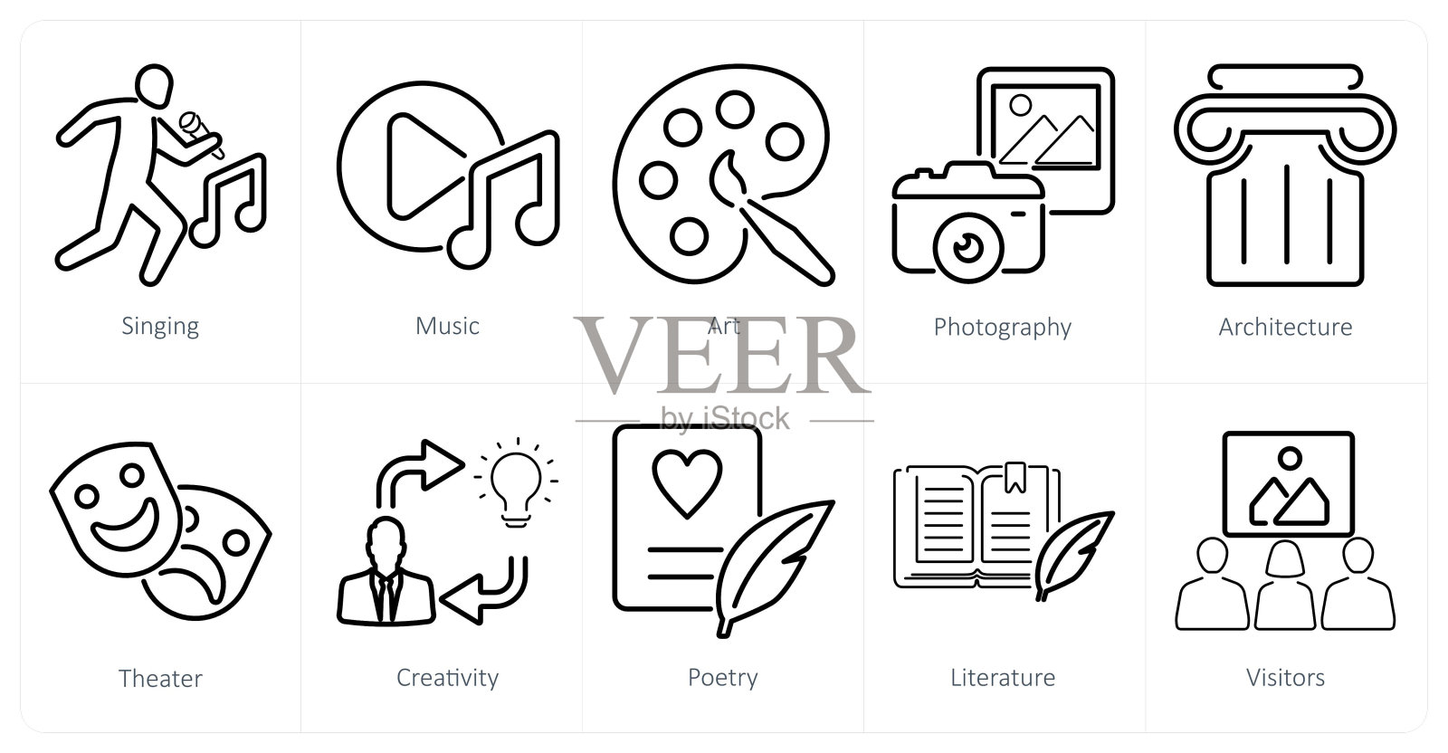 一套10个艺术图标,如唱歌、音乐、艺术插画图片素材