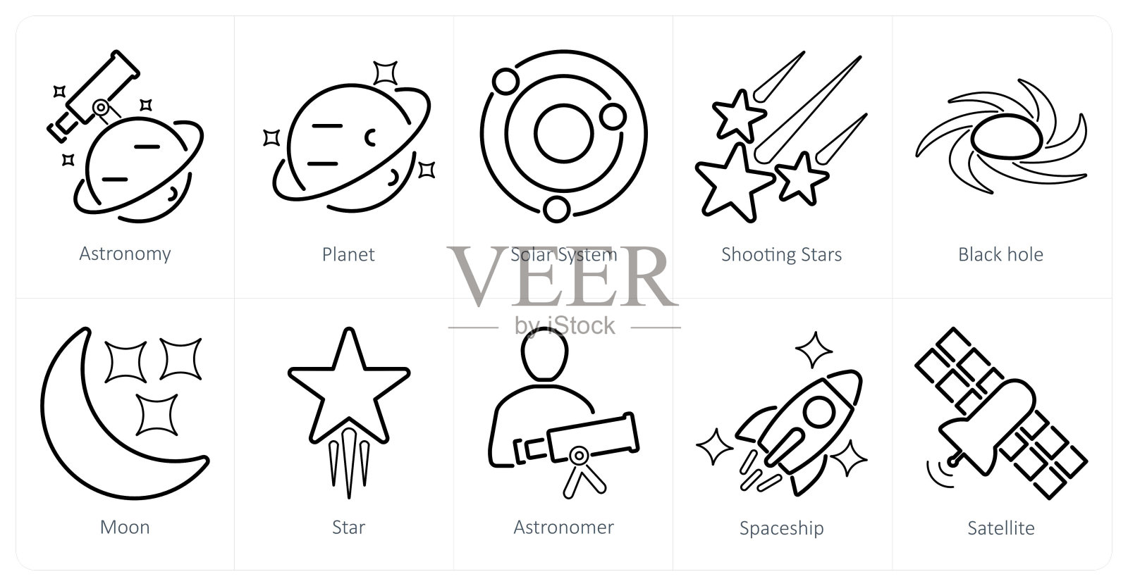 一套10个天文学图标,如天文学,行星,太阳系插画图片素材