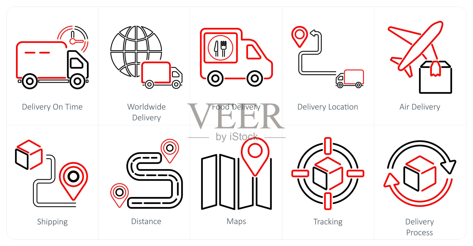一套10个配送图标,如准时配送、全球配送、食品配送插画图片素材
