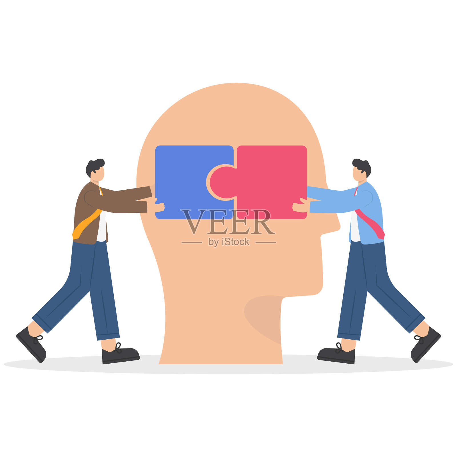 人的脑袋是个谜。支持心理健康医疗。心理治疗的概念。有精神障碍的人玩拼图游戏,试图解决心理问题,压力。向量插画图片素材