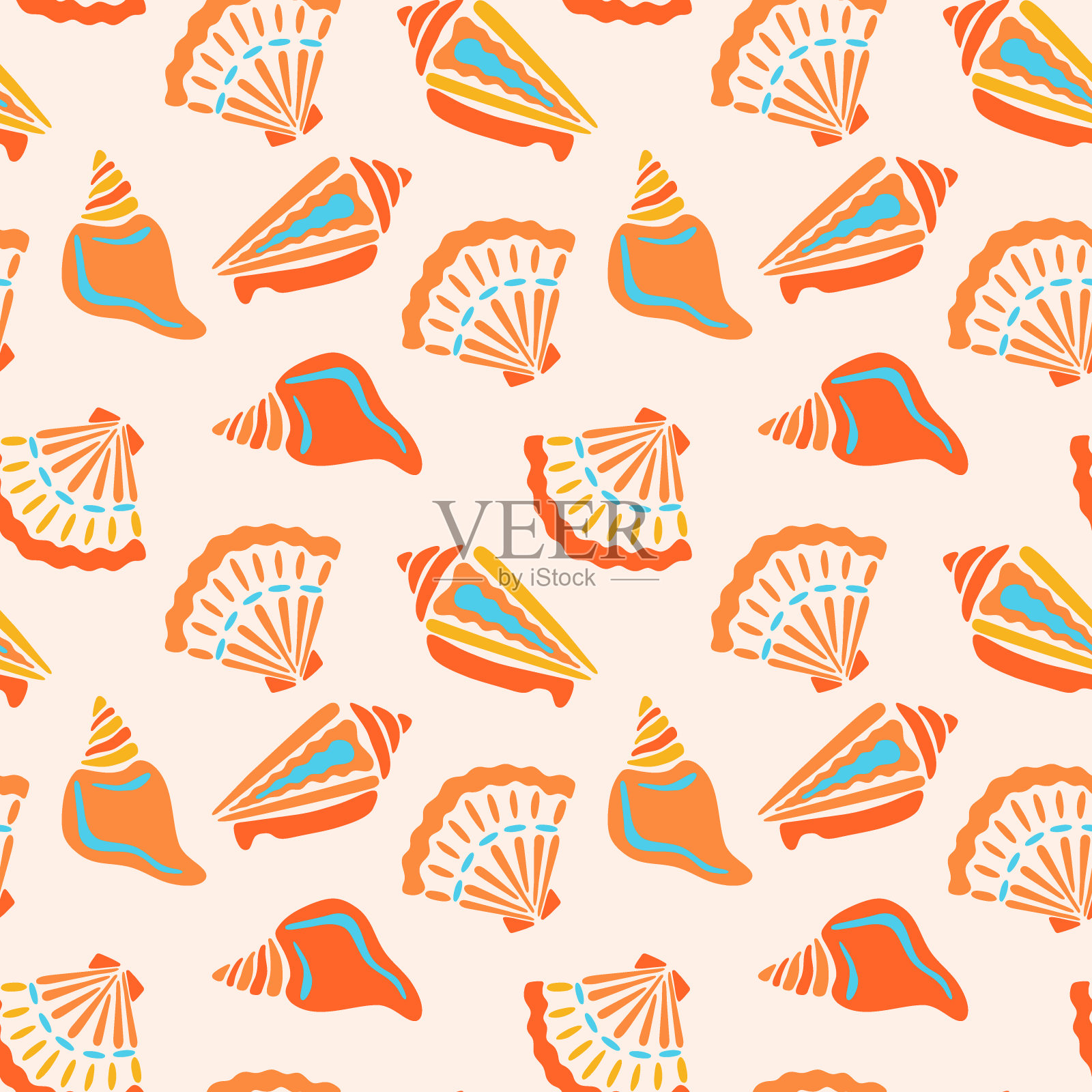彩色贝壳矢量无缝图案。明亮的海洋重复瓷砖与橙色扇贝和螺旋壳。插画图片素材