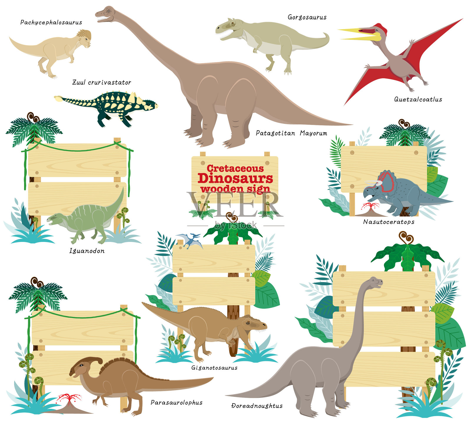 一套各种陆地和空中恐龙,主要包括白垩纪时期的新物种,以及木制的标志。插画图片素材