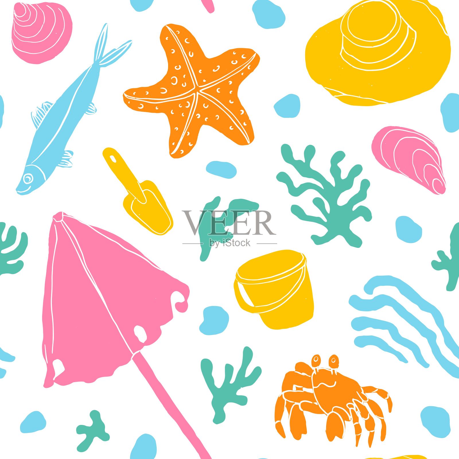 有趣好玩的沙滩无缝图案与螃蟹,鱼,伞,桶,铲,海星,贝壳,杂草和鹅卵石。纺织品、纸品设计。卡通,孩子气。插画图片素材