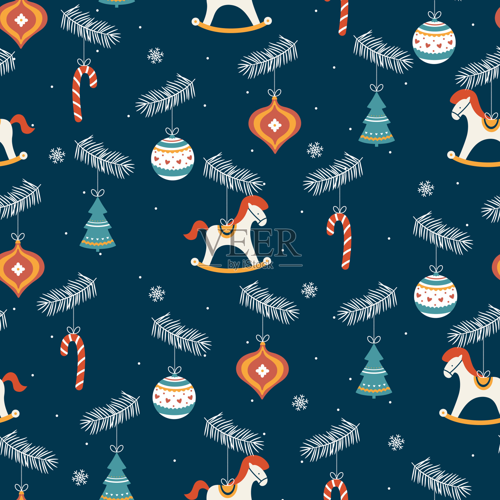 圣诞图案与圣诞树玩具和雪花插画图片素材