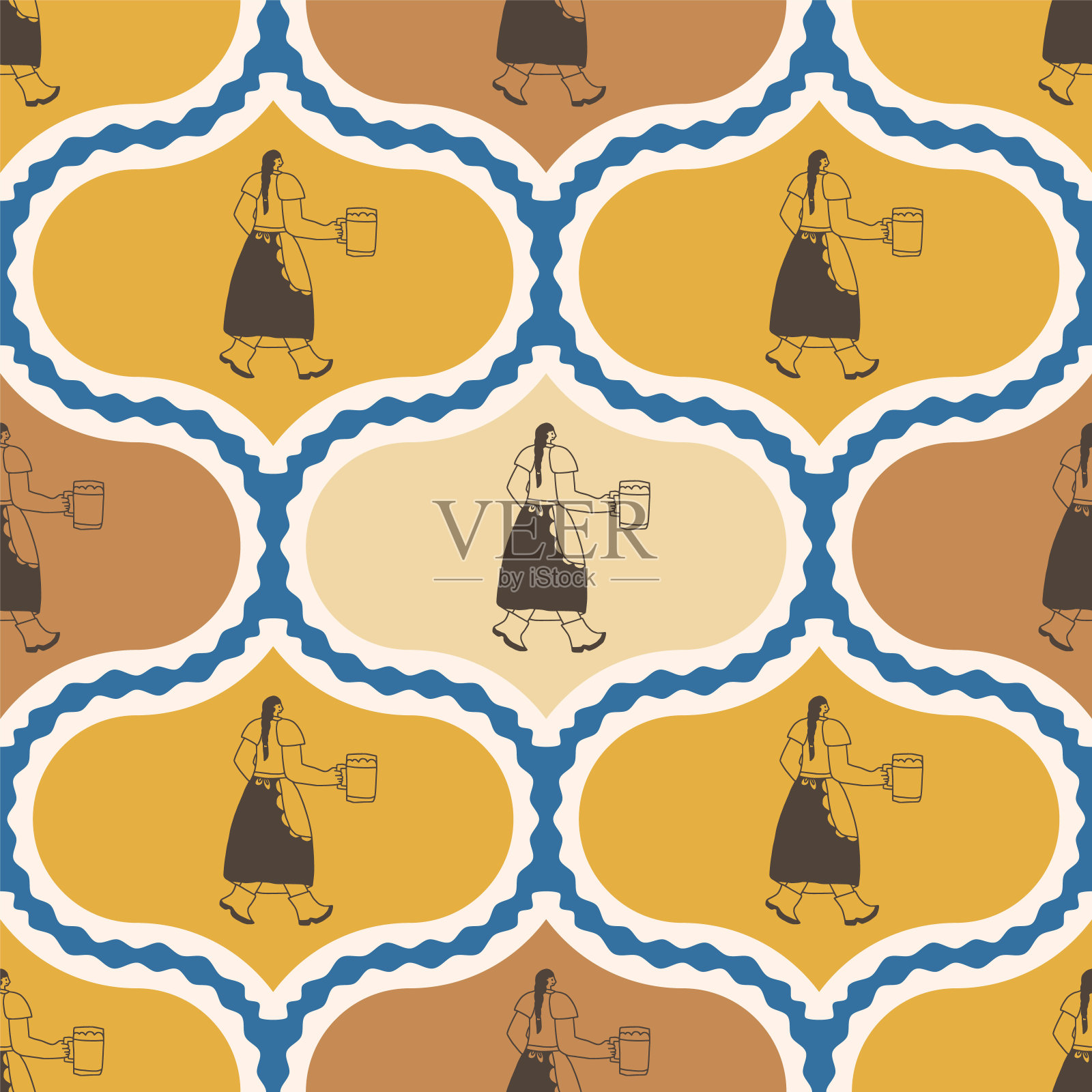 啤酒节女性人物在传统服装上的锦缎无缝图案。矢量手绘平面插图。插画图片素材