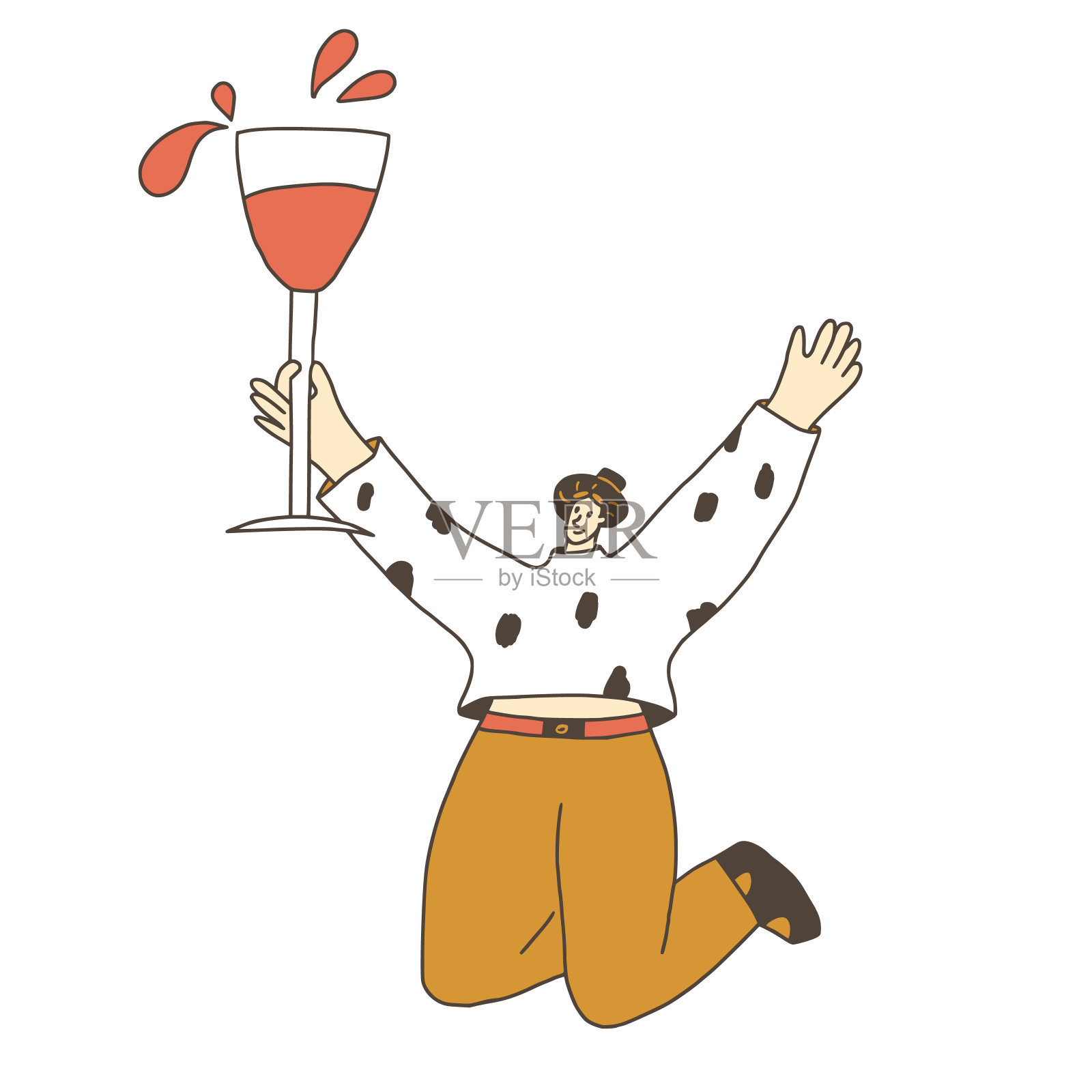 葡萄酒爱好者。快乐的人拿着巨大的酒杯。可爱的角色和酒精饮料。矢量手绘涂鸦插图隔离在白色背景。插画图片素材