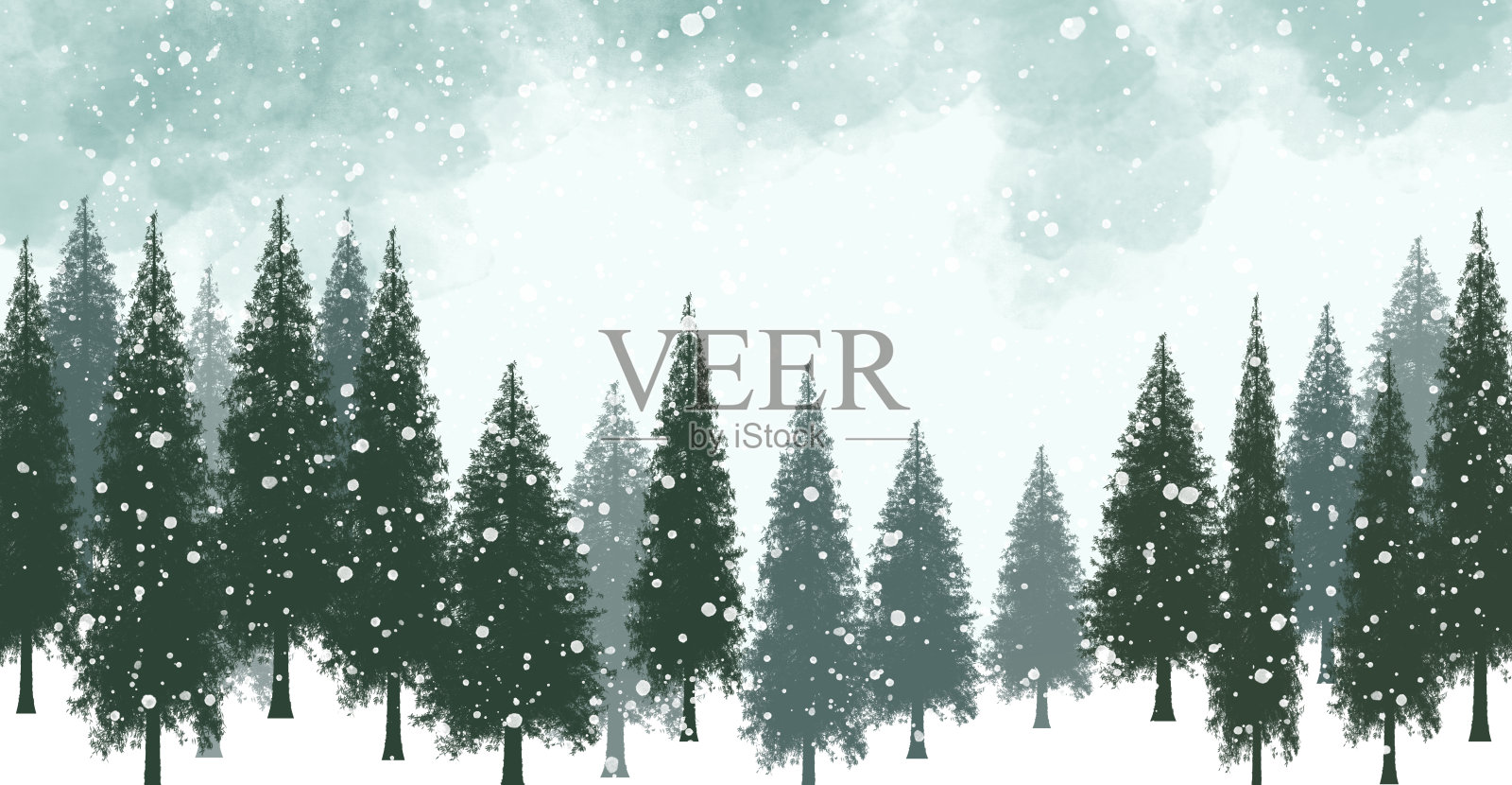 冬季场景-常青树上下雪-水彩画插画图片素材