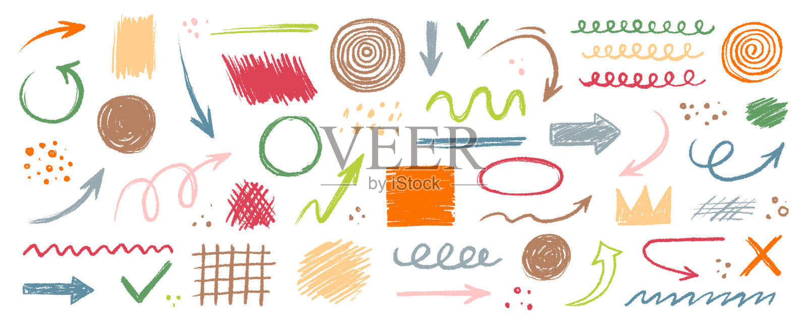 箭头抽象刷线笔触颜色矢量集。儿童彩绘方形,螺旋,箭头元素形状乱涂线刷手绘素描设计。垃圾抽象粉笔,蜡笔铅笔风格。向量插画图片素材