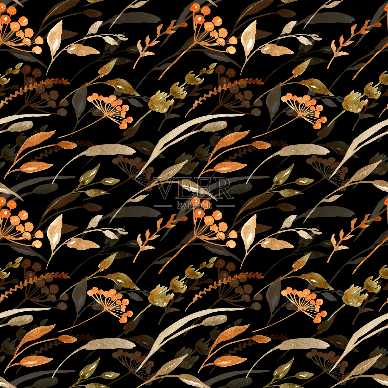 秋干花叶花纹无缝。植物的背景。干花卉背景。数码纸,剪贴簿纸。用于包装纸、织物、纺织品、包装插画图片素材