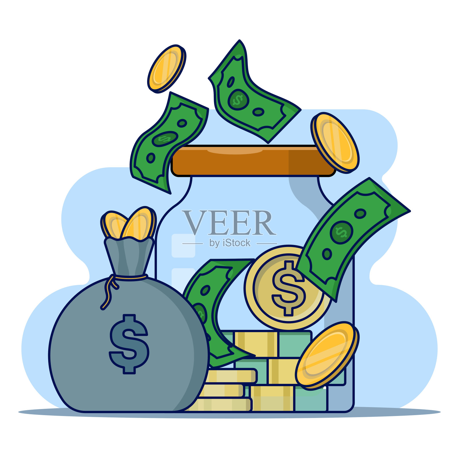 省钱的概念。钱罐或钱袋里的钱和金币。把金币放在一个标有储蓄的罐子里。有省钱、理财、财富或富有的创意。平面矢量插图。插画图片素材