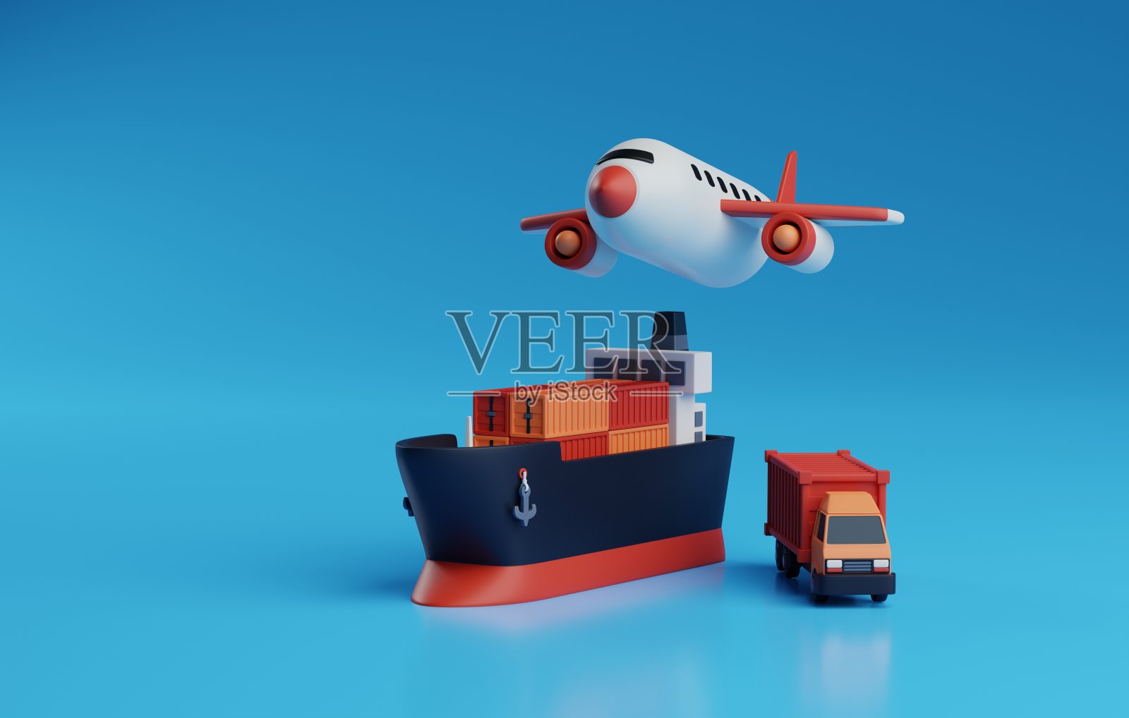 货船,集装箱卡车和飞机的全球物流。3D渲染照片摄影图片