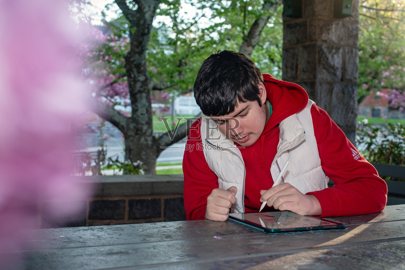 大自然中的艺术表达。患有自闭症的年轻男人在詹姆斯公园,麦迪逊,新泽西州进行数字艺术治疗。照片摄影图片