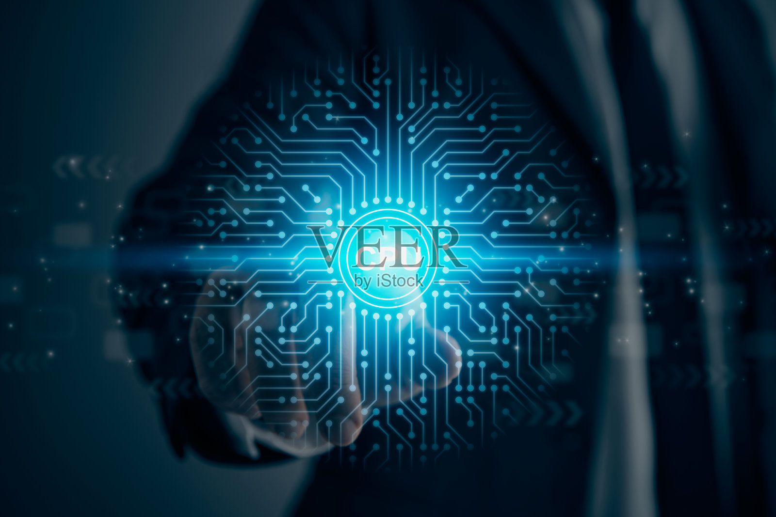 商人触摸屏和蓝色CPU中央处理器图标在复古色调照片摄影图片