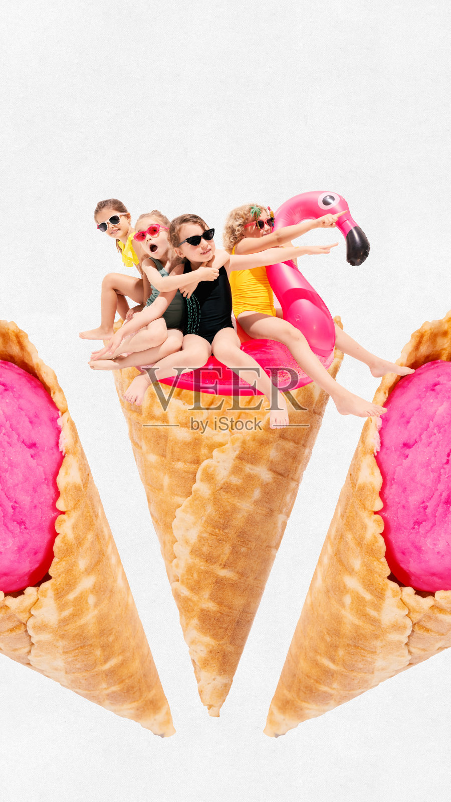 海报。当代艺术拼贴。好奇和惊讶的女孩坐在充气火烈鸟戒指上的巨大冰淇淋角。冒险。照片摄影图片