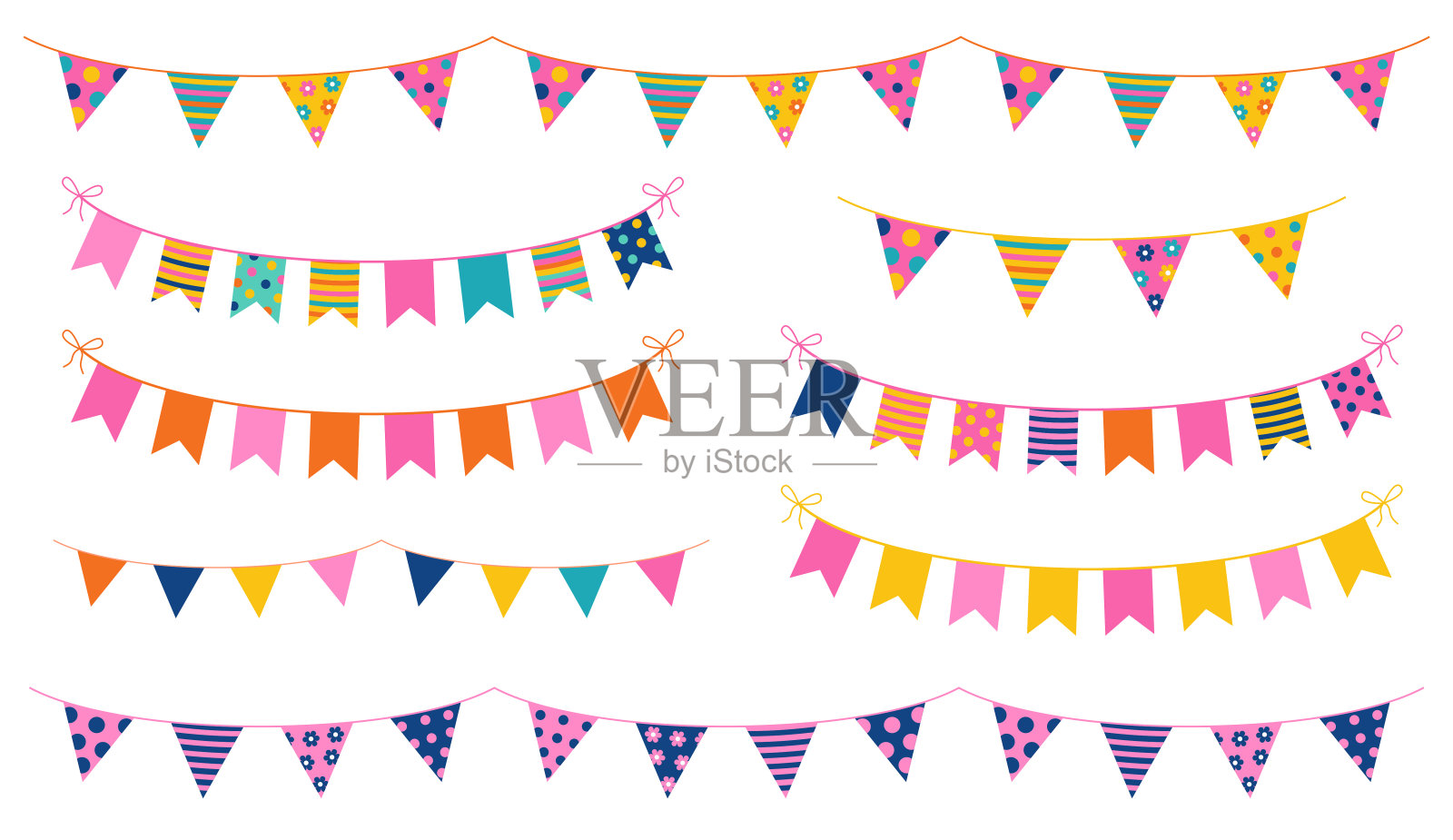 矢量派对狩猎与点和条纹的彩色旗帜为孩子的生日,小册子和平面设计插画图片素材