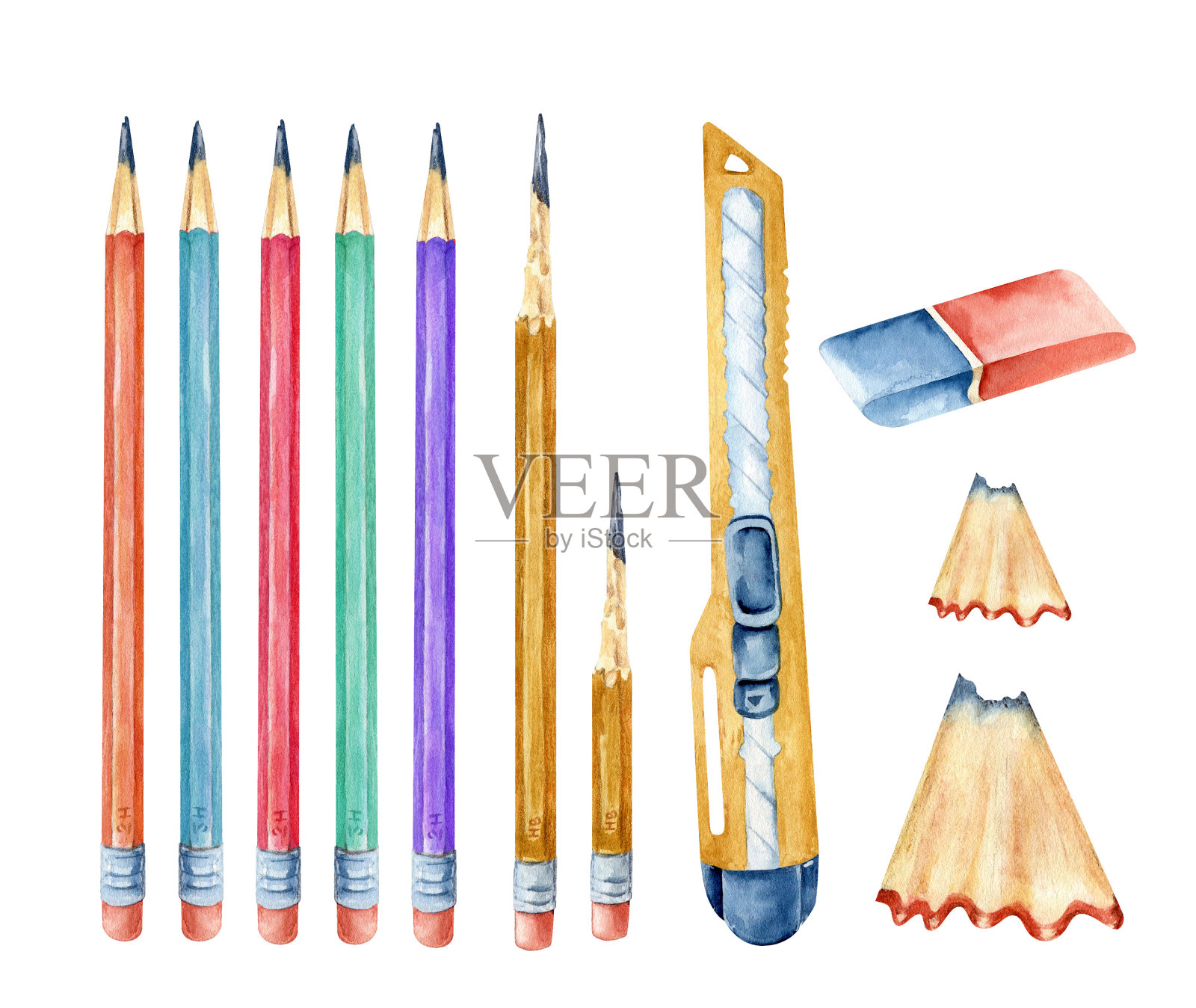 一套简单的铅笔,还有橡皮擦和卷笔刀。彩色铅笔的水彩孤立插图。回到学校。图纸集。插画图片素材