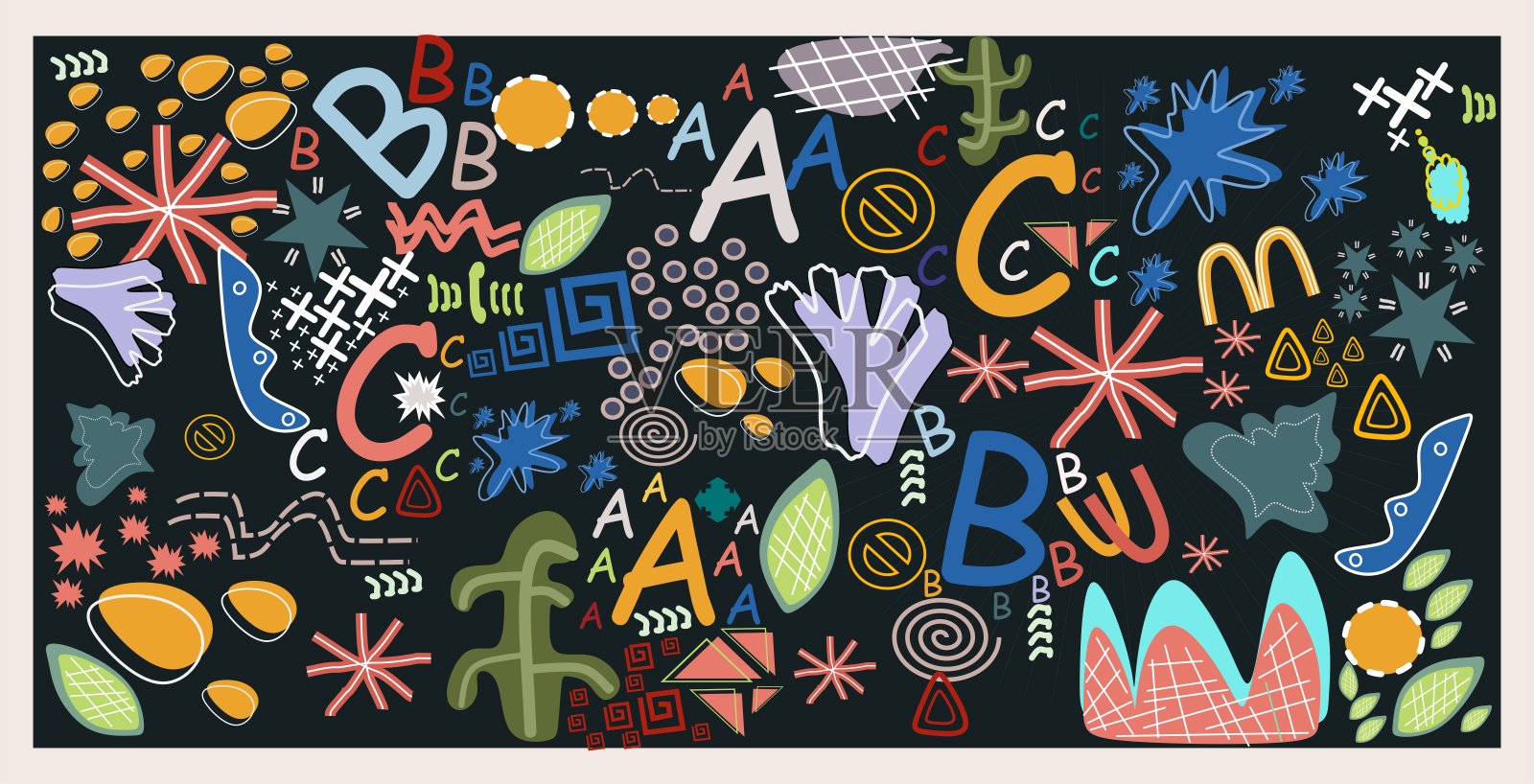 鲜艳的彩色教育主题抽象形状在黑色背景上的集合。抽象涂鸦涂鸦与字母主题插画图片素材