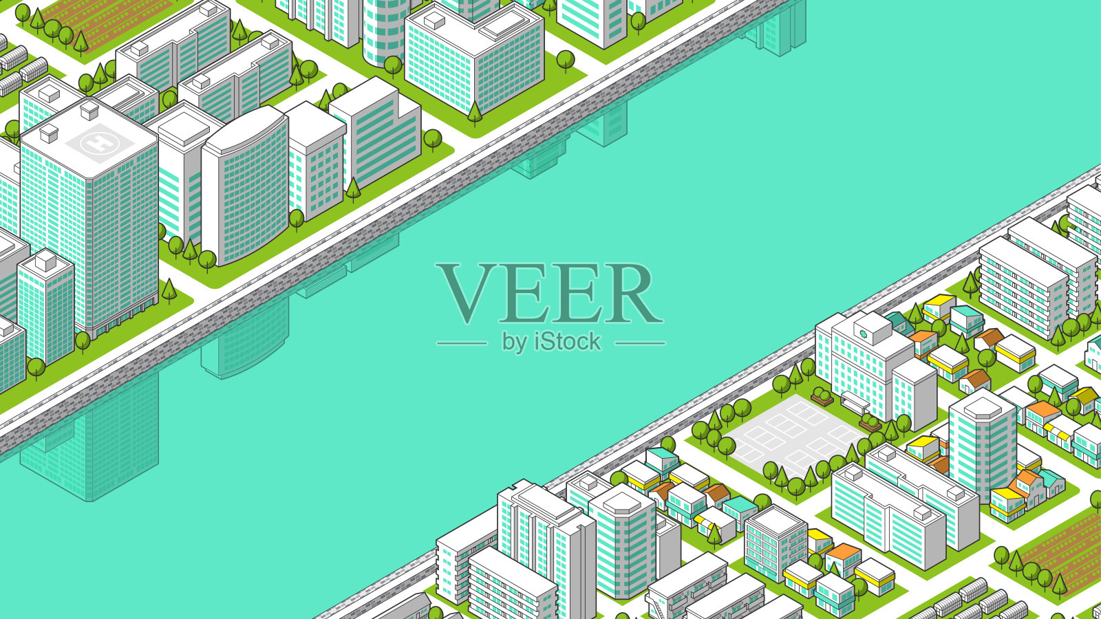 从鸟瞰图中看到的三维城市景观矢量插图插画图片素材