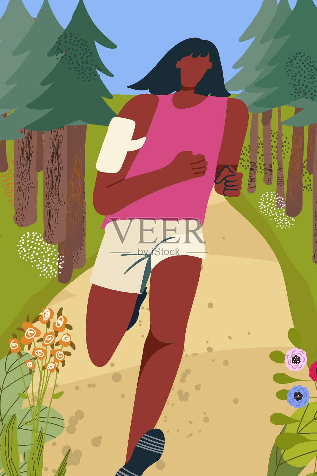 慢跑,跑步的人。积极健康的慢跑者,跑步者在城市公园,在树林里,在暑假训练。运动女性在户外工作。平面矢量图插画图片素材