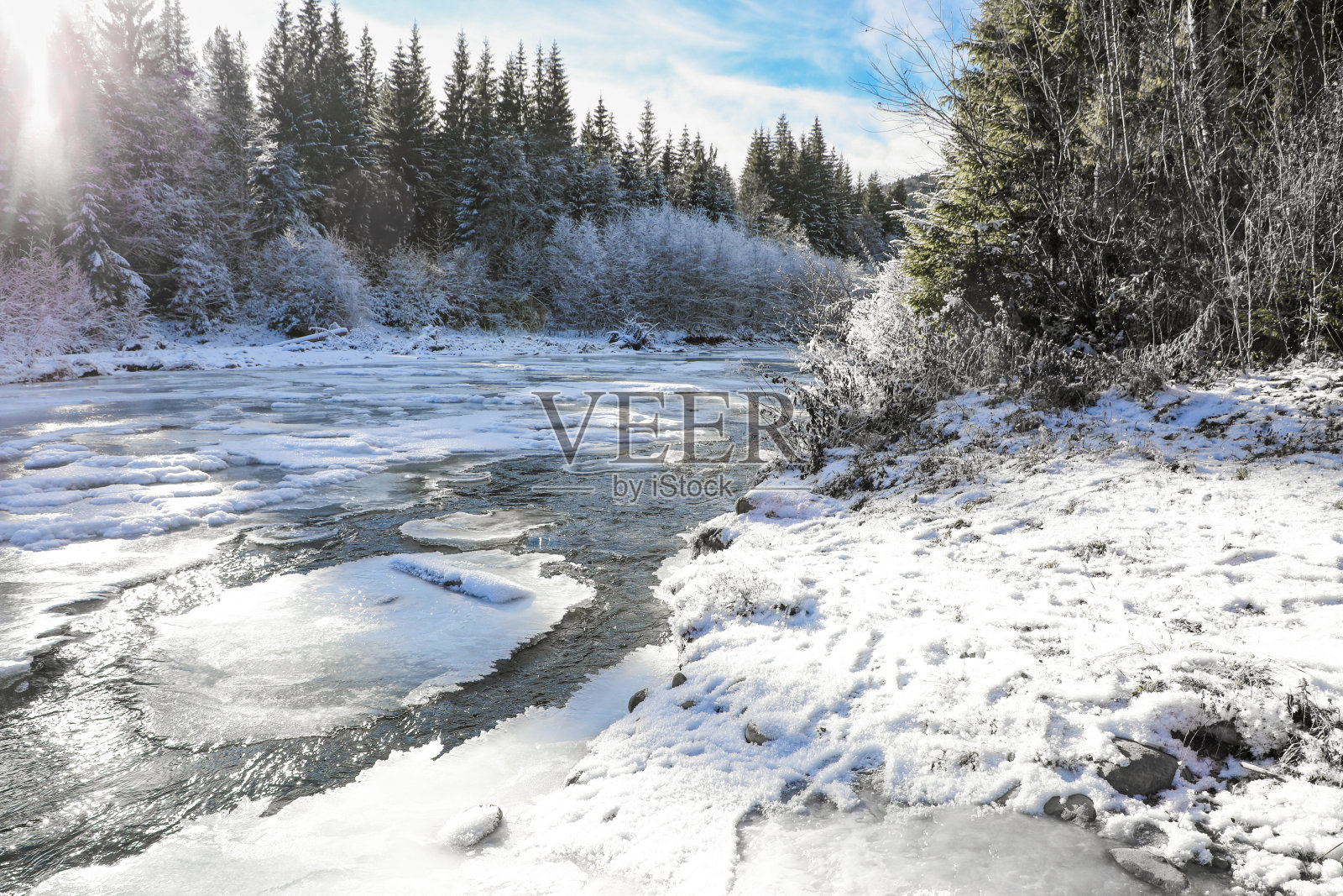 喀尔巴阡山脉冬季结冰的山河,以云杉和蓝天为背景照片摄影图片