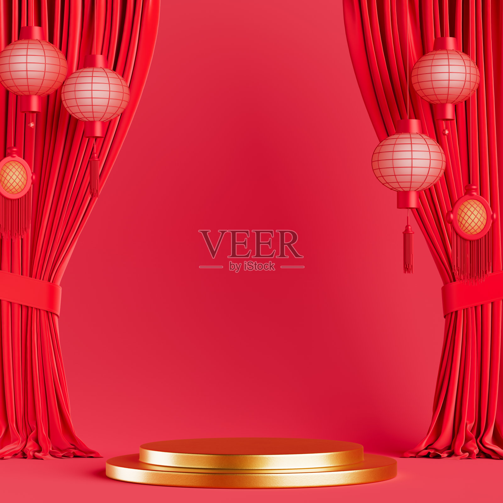 空的金色产品展示平台与中国风格的红色窗帘和灯笼。3d渲染照片摄影图片