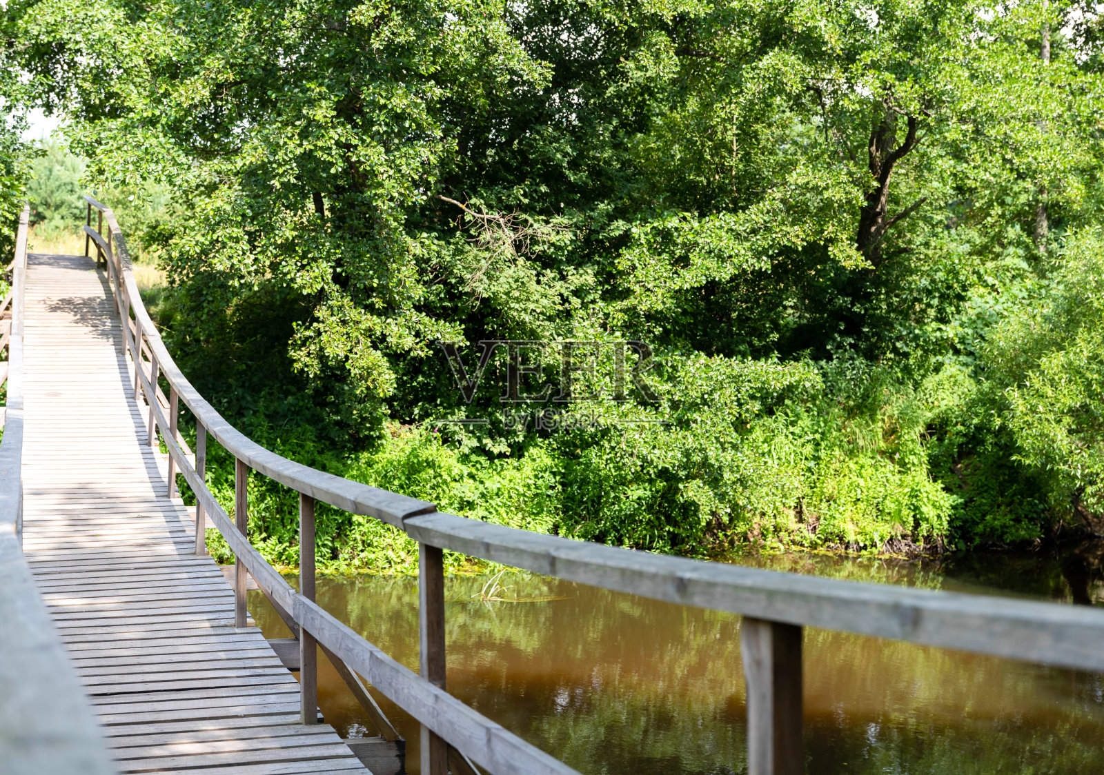 菲律宾热带森林中横跨河流的竹制人行吊桥照片摄影图片