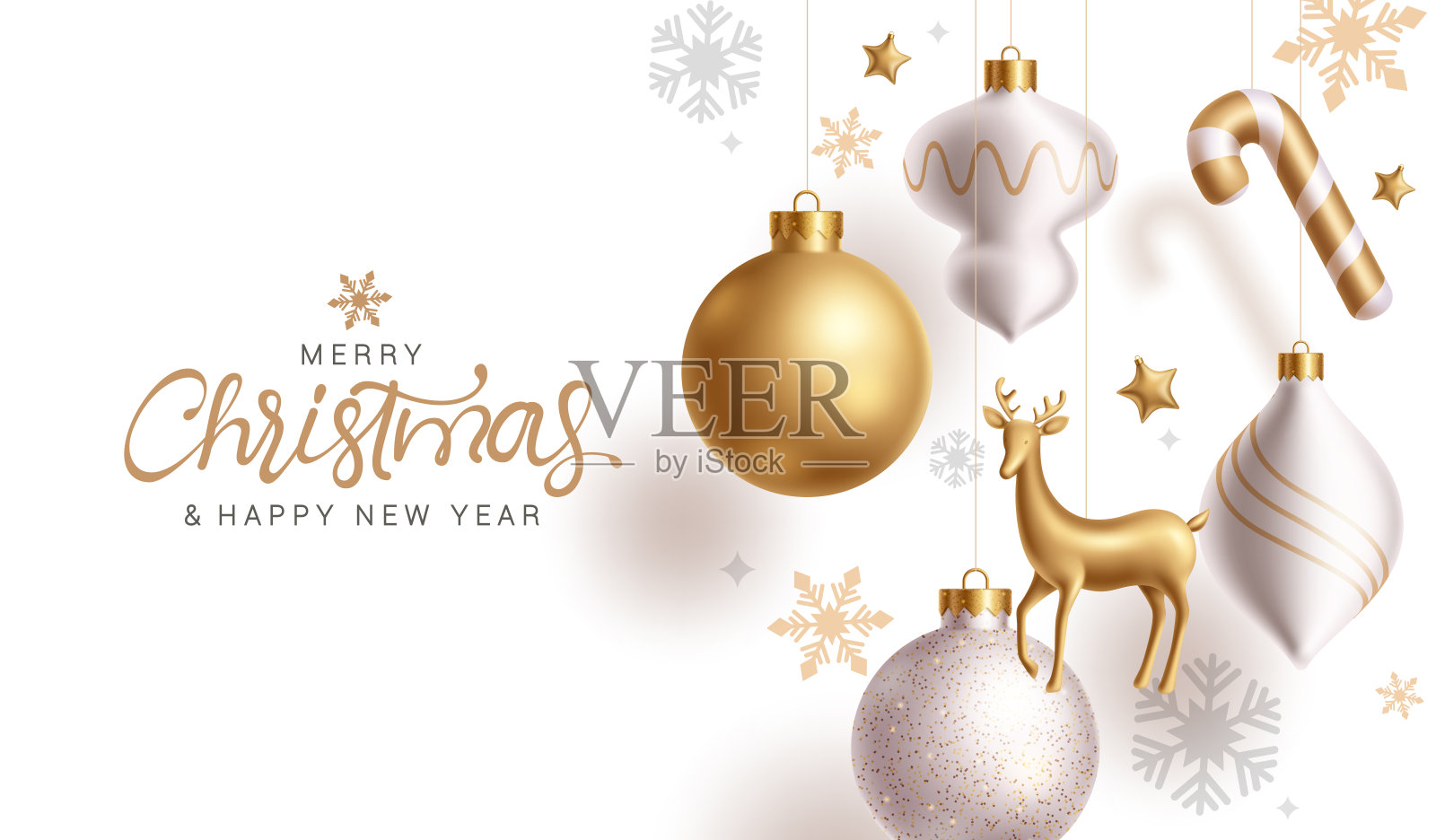 圣诞快乐贺卡矢量设计。圣诞挂亮球、拐杖糖、鹿、饰品和黄金元素插画图片素材