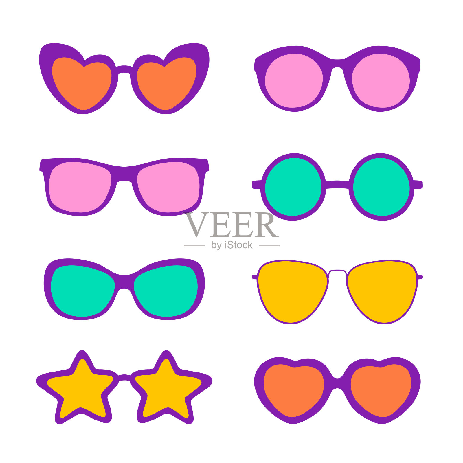 太阳镜矢量插图在不同的设计。夏天的元素。眼镜时尚。插画图片素材