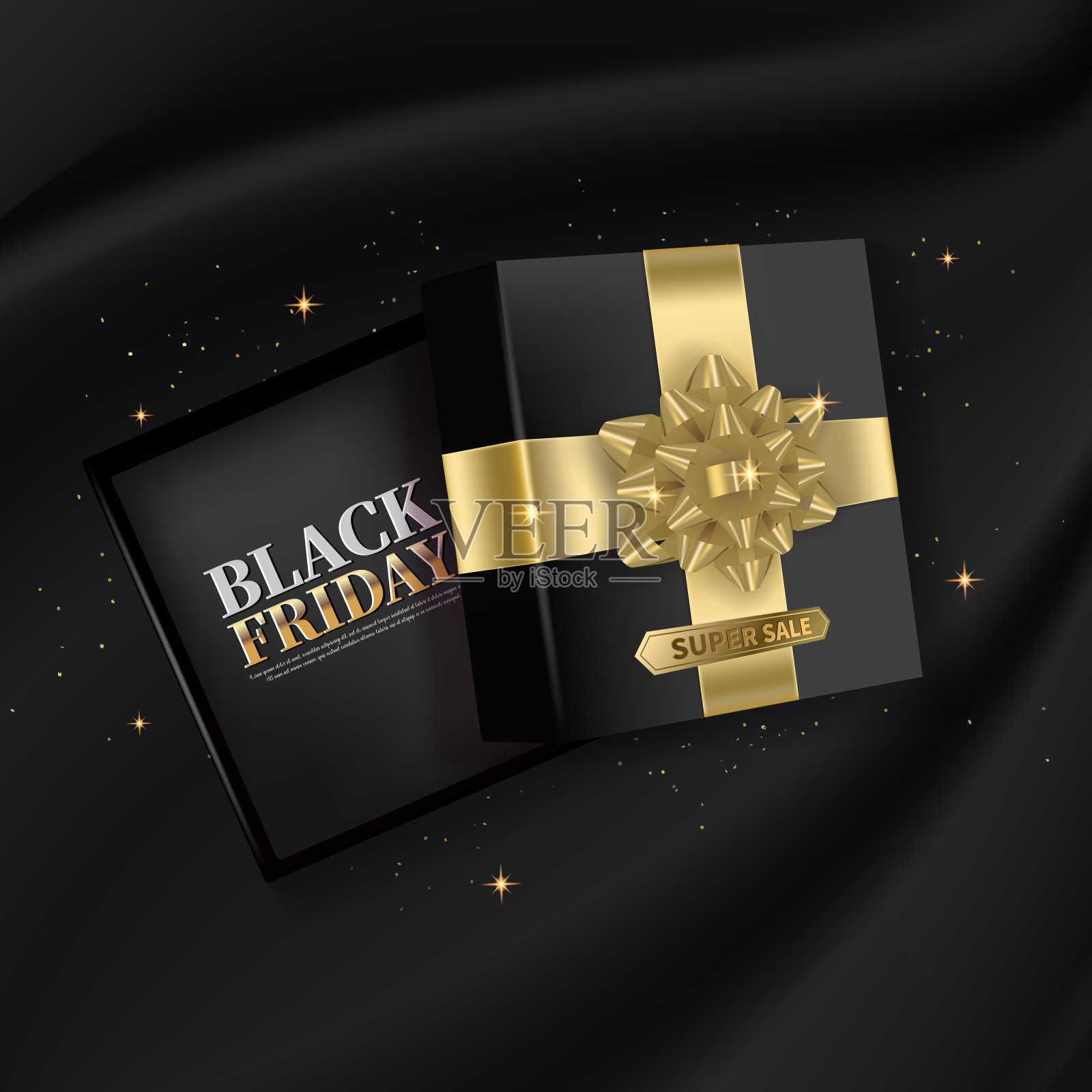 黑色星期五销售横幅,海报,礼品与金丝带插画图片素材
