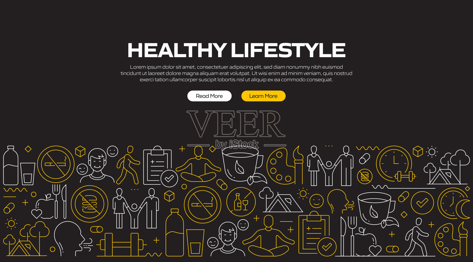 健康生活方式相关的线条风格横幅设计网页,标题,小册子,年度报告和书籍封面插画图片素材