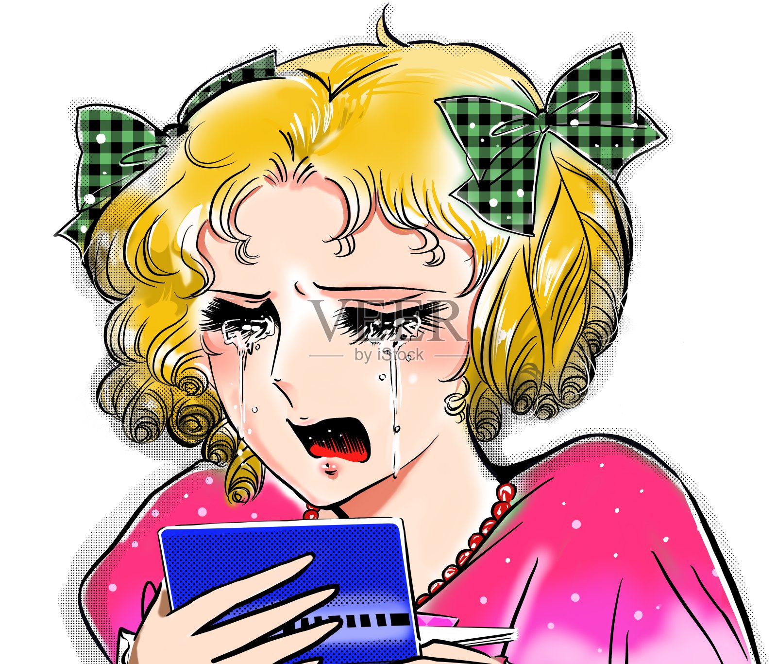 这是一幅以70年代漫画风格的美丽金发女孩的肖像,她因为银行存款太少而哭泣,背景是白色的。插画图片素材