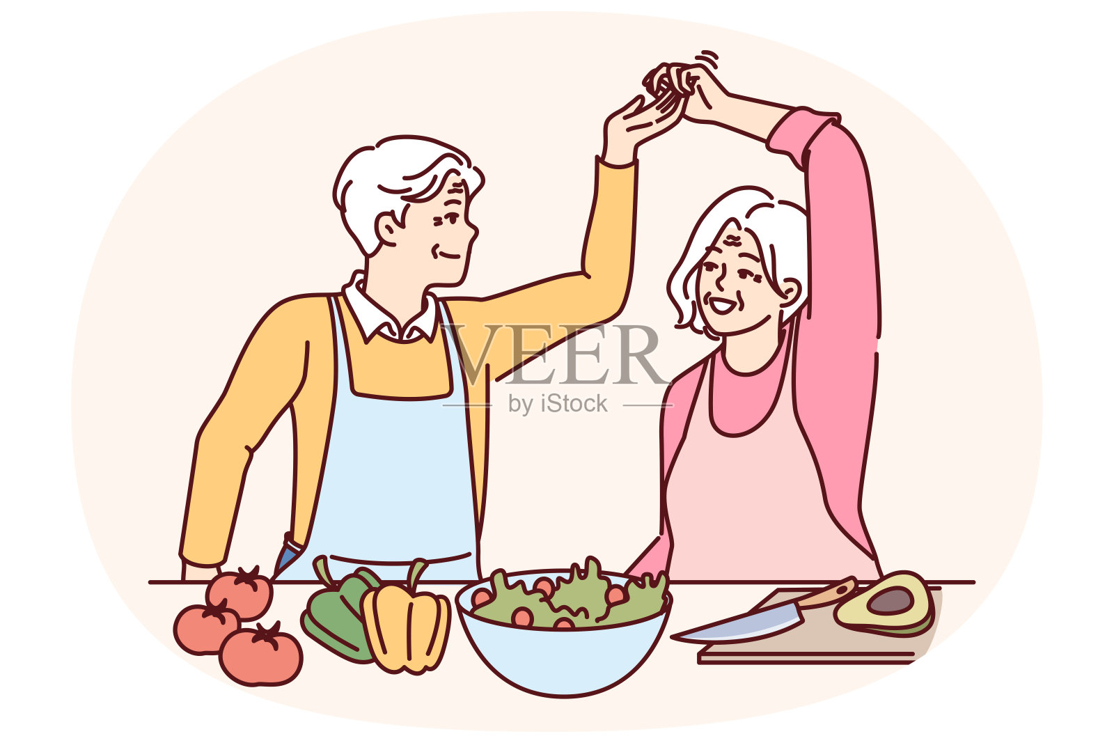 一对老夫妇一起做饭跳舞,提倡健康的生活方式插画图片素材
